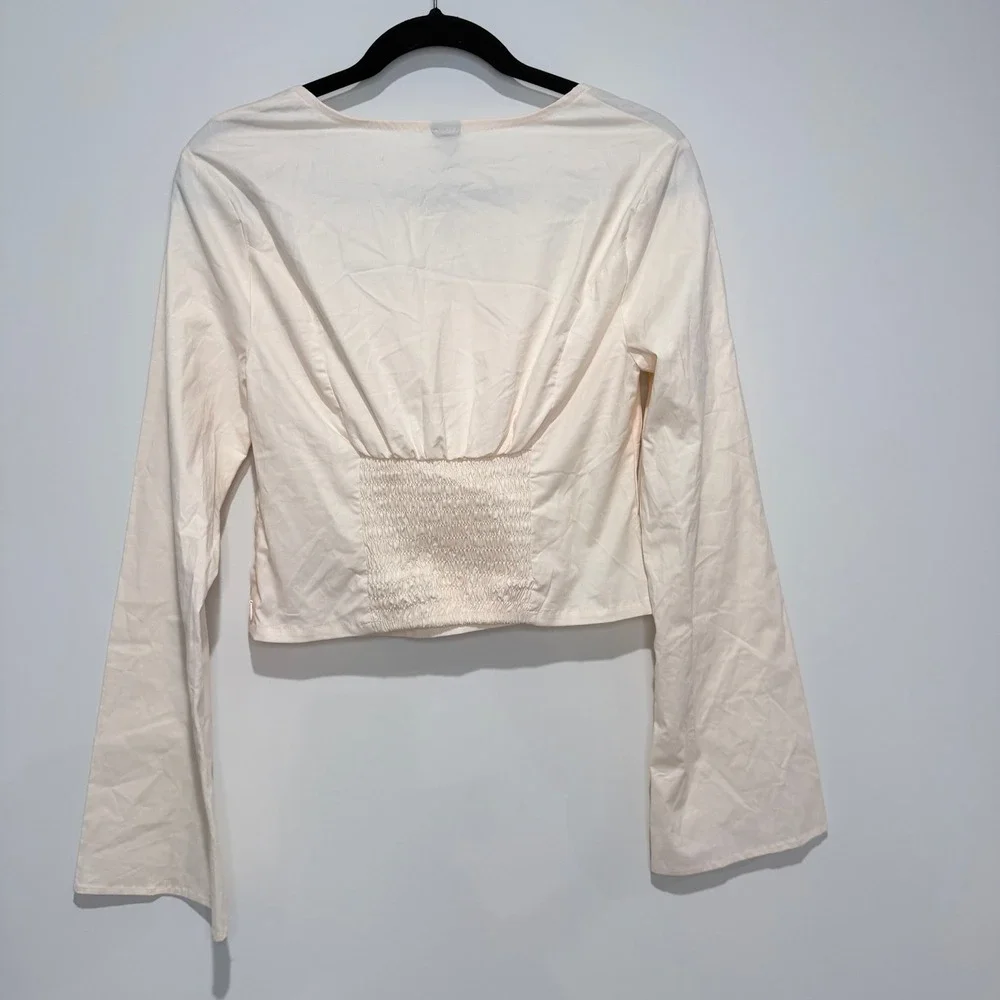 WILD FABLE Square‎ Neck Tie Front Long Sleeve Cropped Blouse Top Peach Size M
